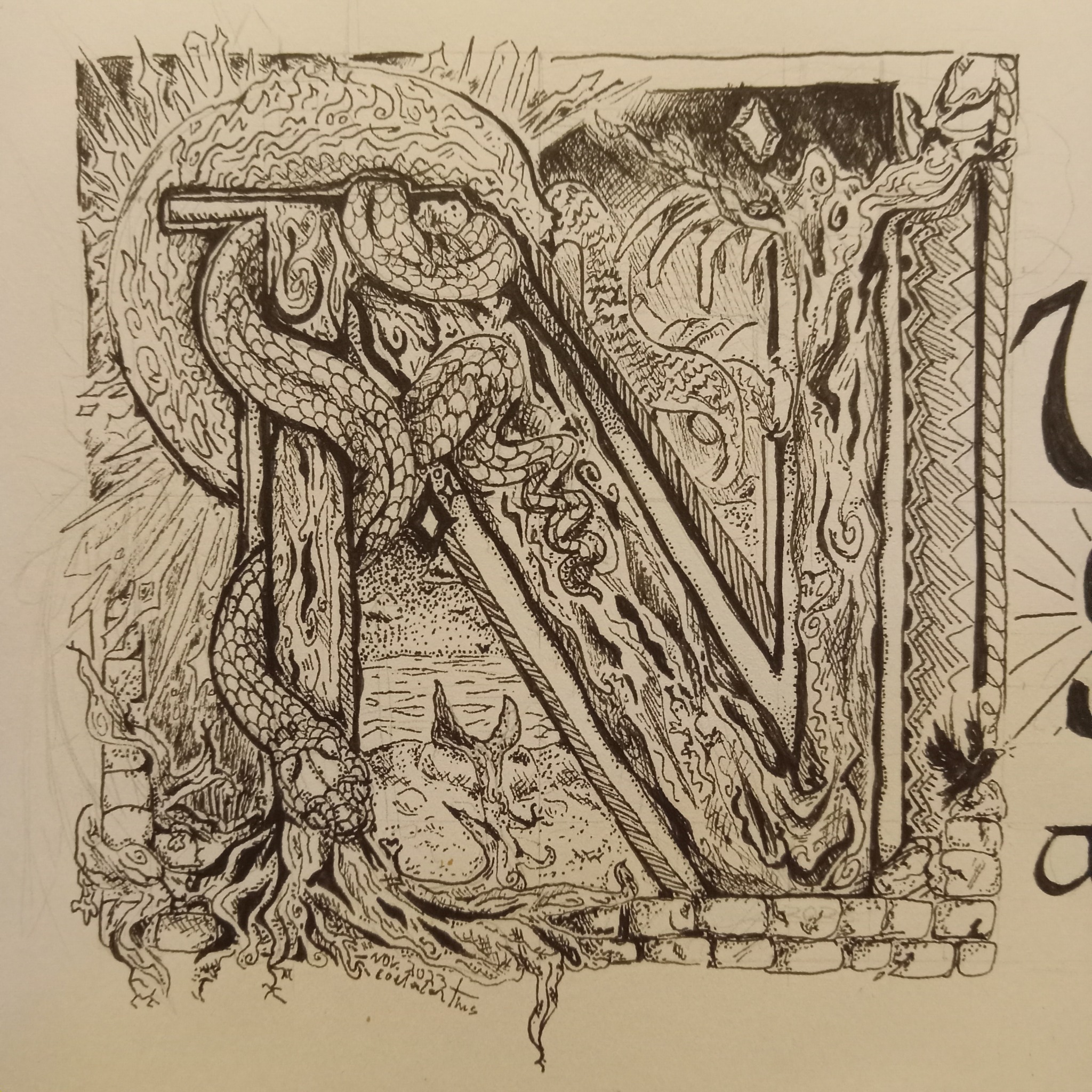 A very detailed initial letter N in ink. The letter itself is made of wood and a snake is curled around it.